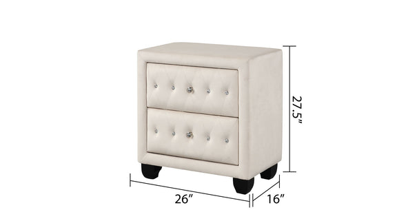 Beige upholstered 2-drawer nightstand with tufted drawer fronts and dark legs