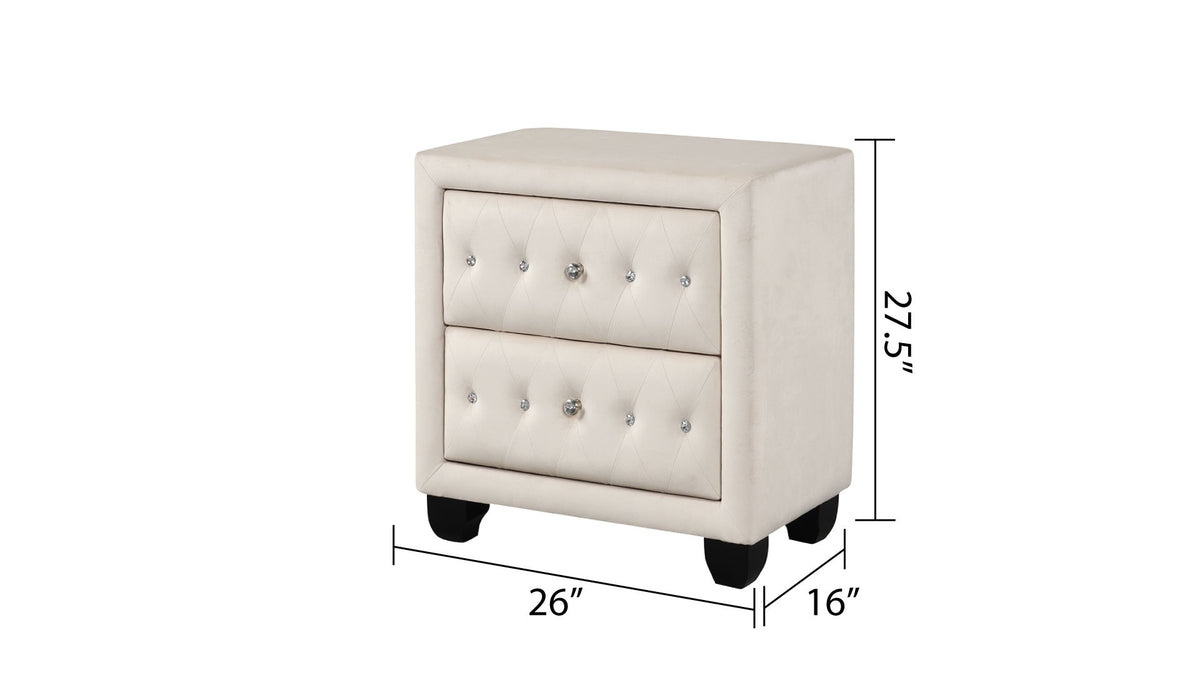 Tufted upholstered nightstand cabinet with two drawers, light fabric, black feet.