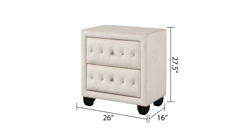 Tufted upholstered nightstand cabinet with two drawers, light fabric, black feet.