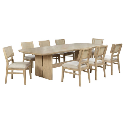 Light brown rectangular dining table with 8 beige upholstered chairs, dining set arrangement