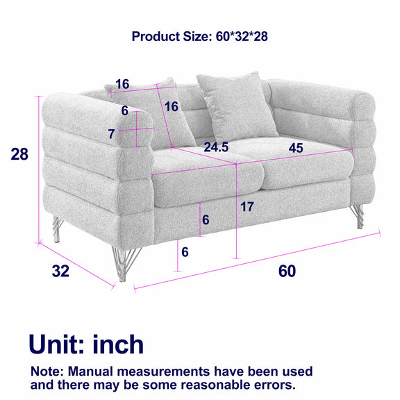 Gray sectional sofa with measurement lines over the seat and back cushions.