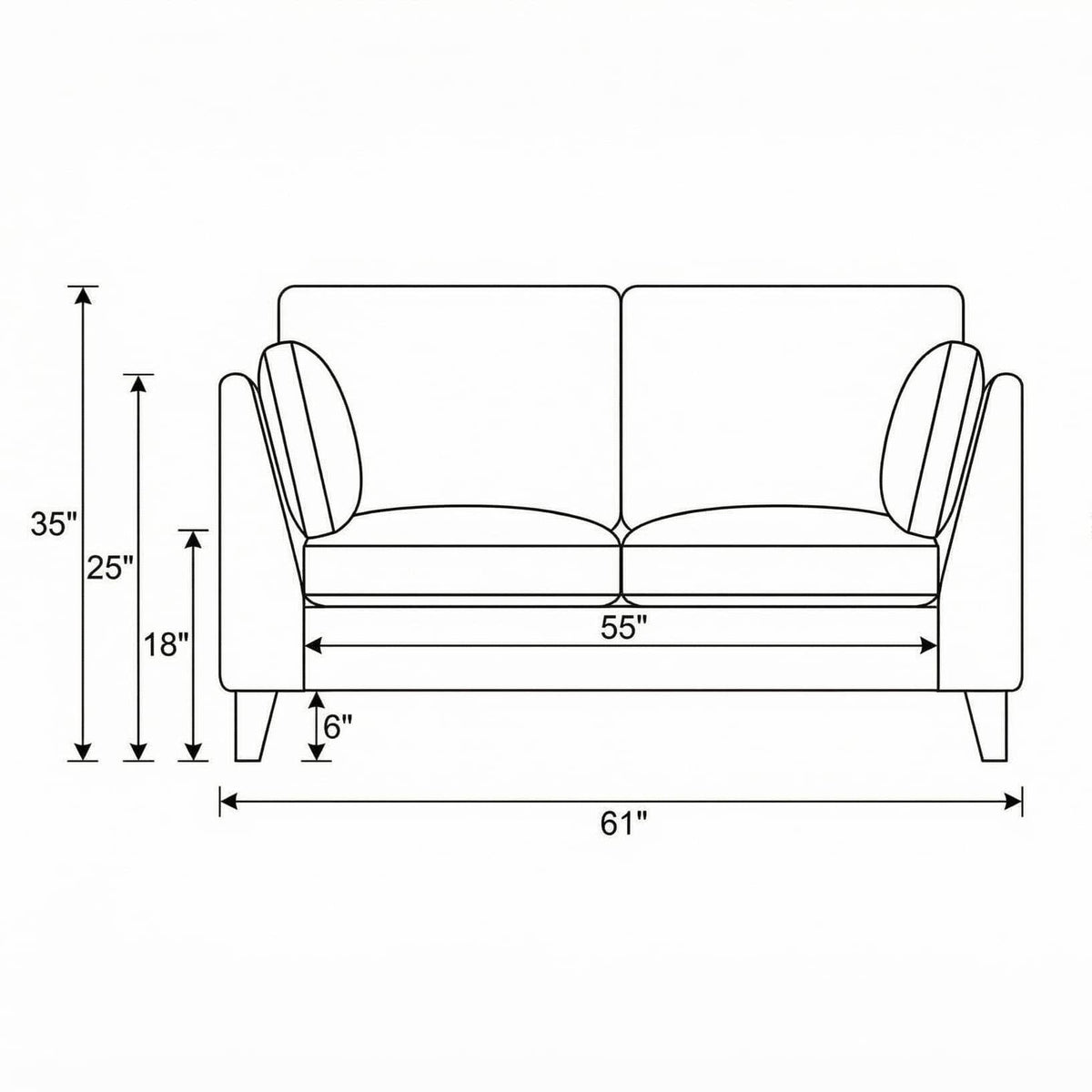 Loveseat sofa line drawing with 61" width and 35" height measurements