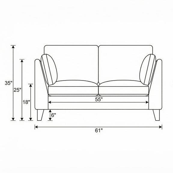 Loveseat sofa line drawing with 61" width and 35" height measurements
