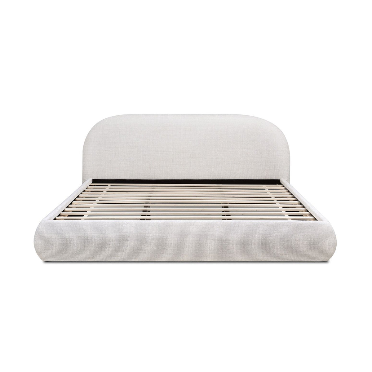 Upholstered platform bed in light gray/white with rounded headboard and slat support