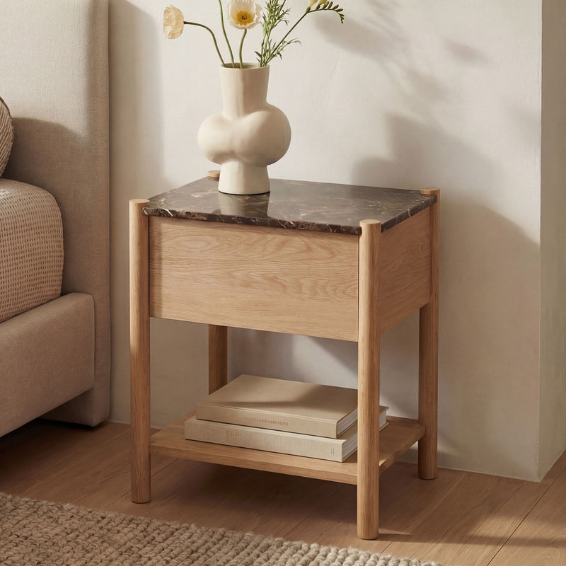 Wooden nightstand with dark top, open shelf, and squared legs for bedside storage
