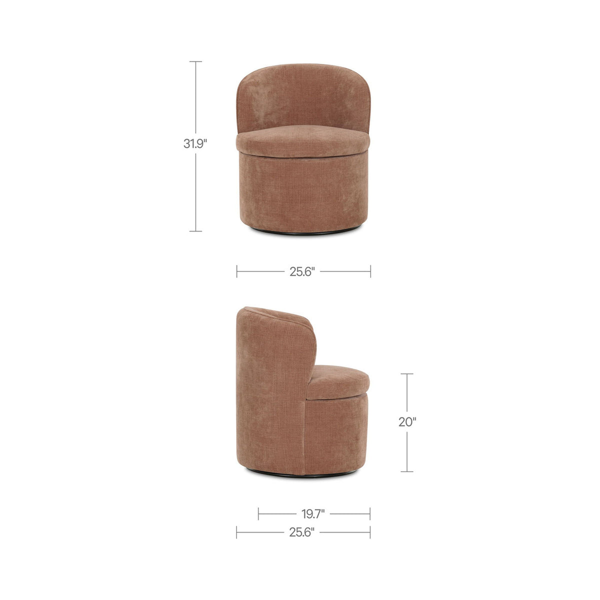 Dusty pink swivel chair side view with rounded backrest and padded seat