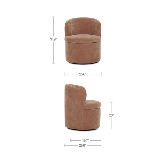 Dusty pink swivel chair side view with rounded backrest and padded seat