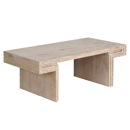Light brown industrial double-tier coffee table with distressed wood finish and open sides.