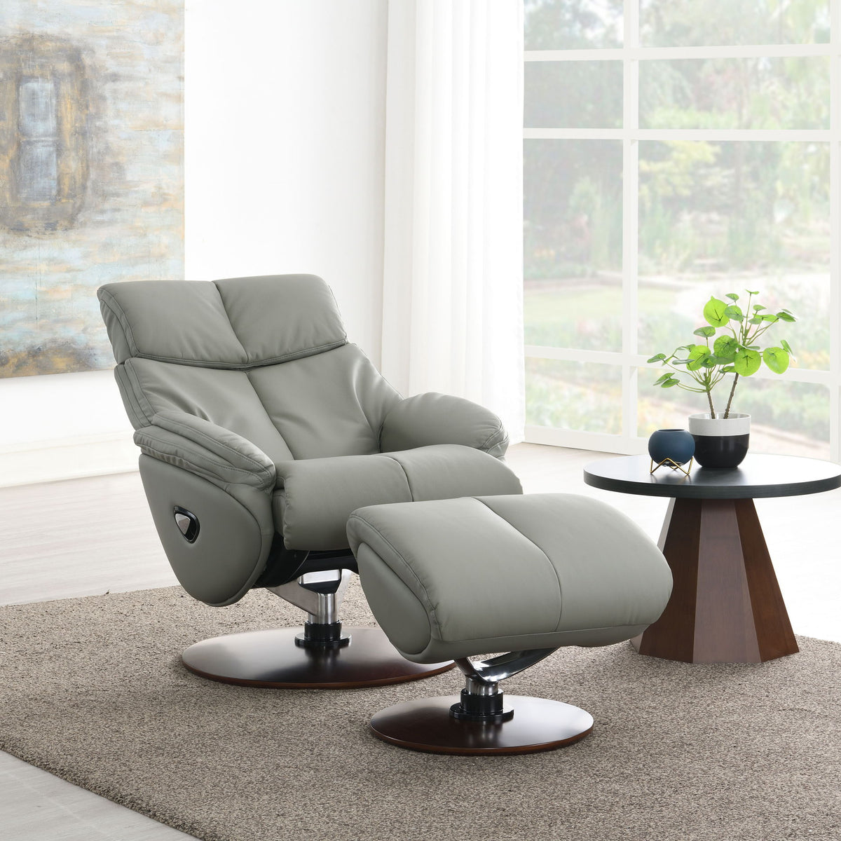 Kandoro - Top Grain Leather Accent Chair With Swivel & Ottoman - Gray
