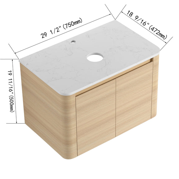 Light wood vanity cabinet with white countertop and oval opening, corner view