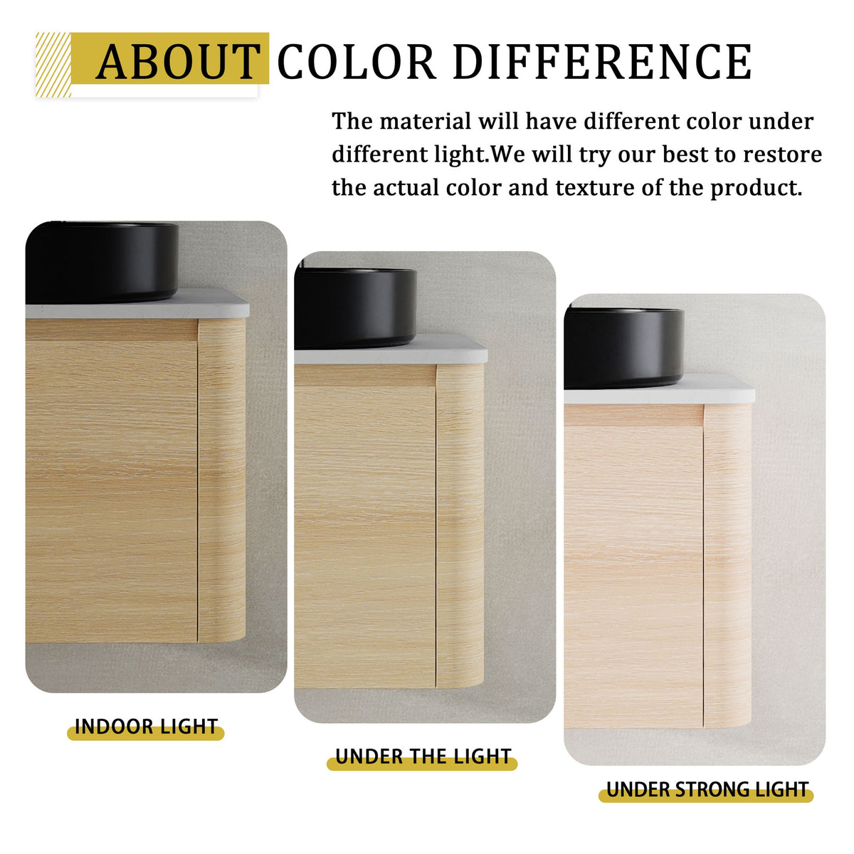 Bathroom vanity color-variation graphic showing light wood cabinet with black art sink