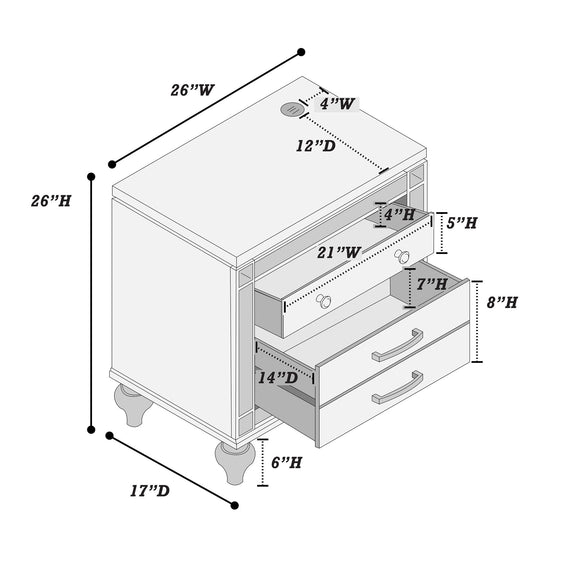 Pearl silver nightstand with two drawers and open shelf; dimension diagram