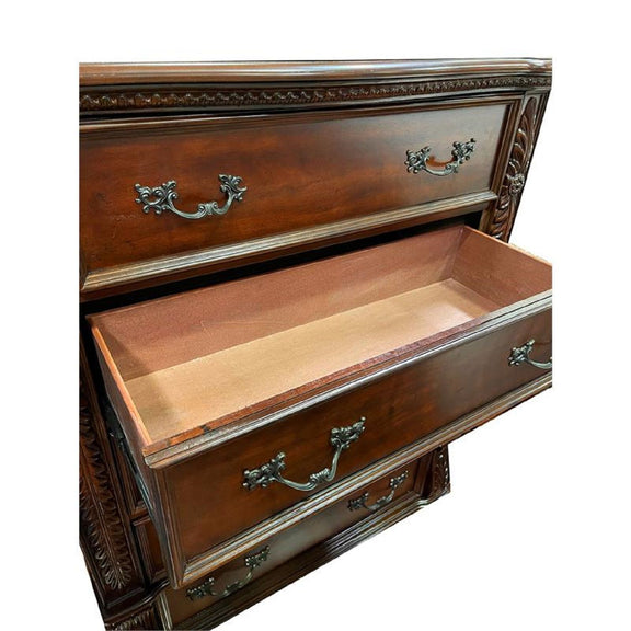 Cherry 3-drawer nightstand with one drawer open showing light interior and metal pulls