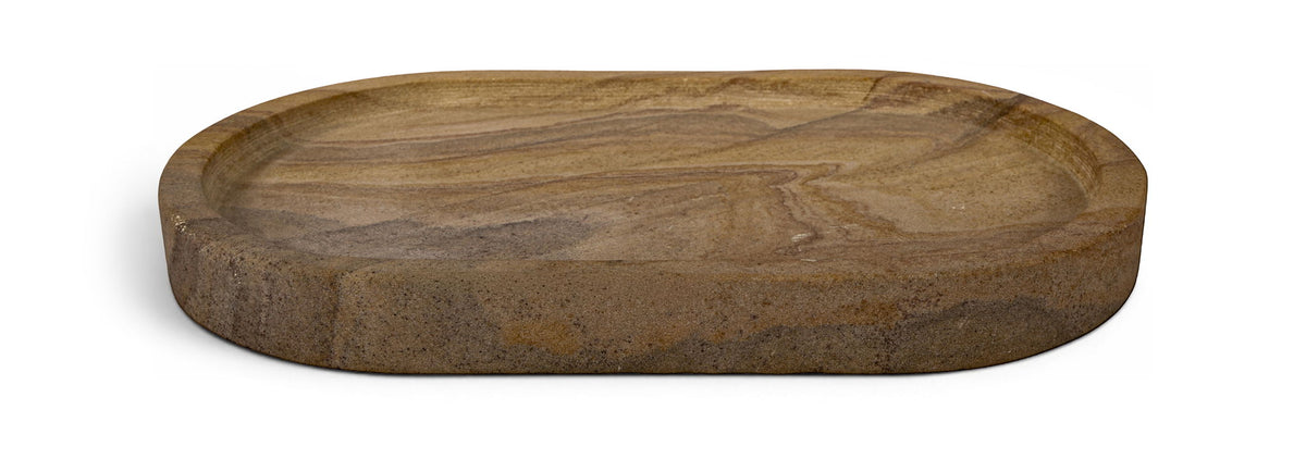 Round sandstone tray in tan and brown with smooth stone rim
