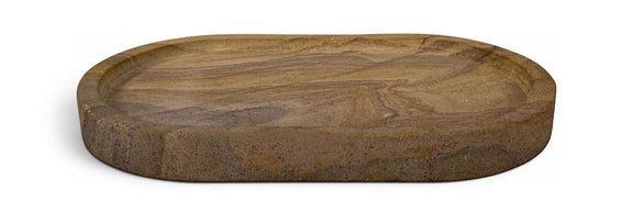 Round sandstone tray in tan and brown with smooth stone rim