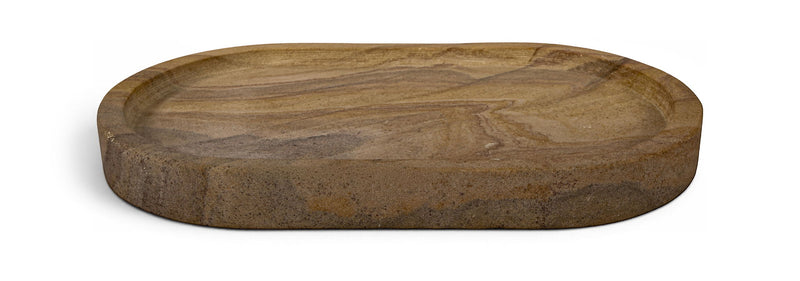 Round sandstone tray in tan and brown with smooth stone rim