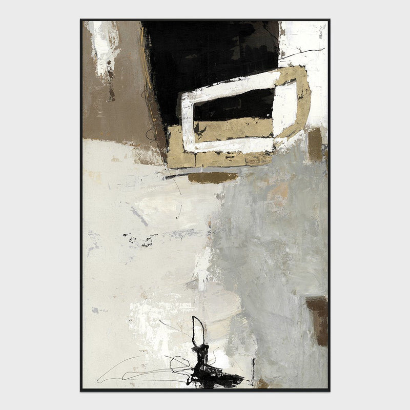 Framed abstract painting with gray, beige, black shapes, and a small black ink figure