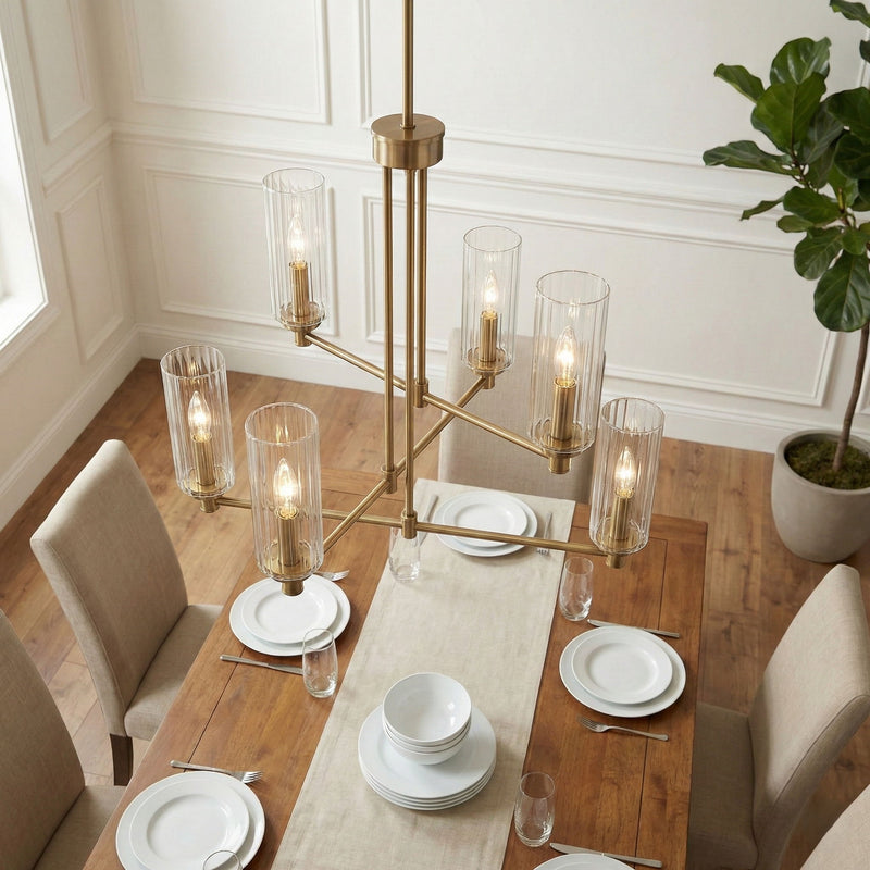 Antique brass 6-light chandelier with clear ribbed glass shades and upright bulbs