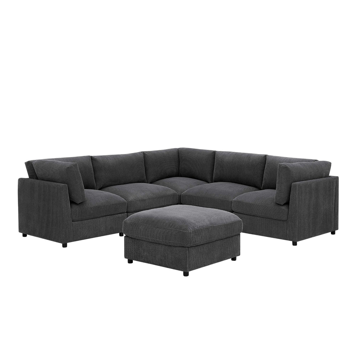 Dark gray modular sectional sofa with ottoman, L-shaped corner chaise layout