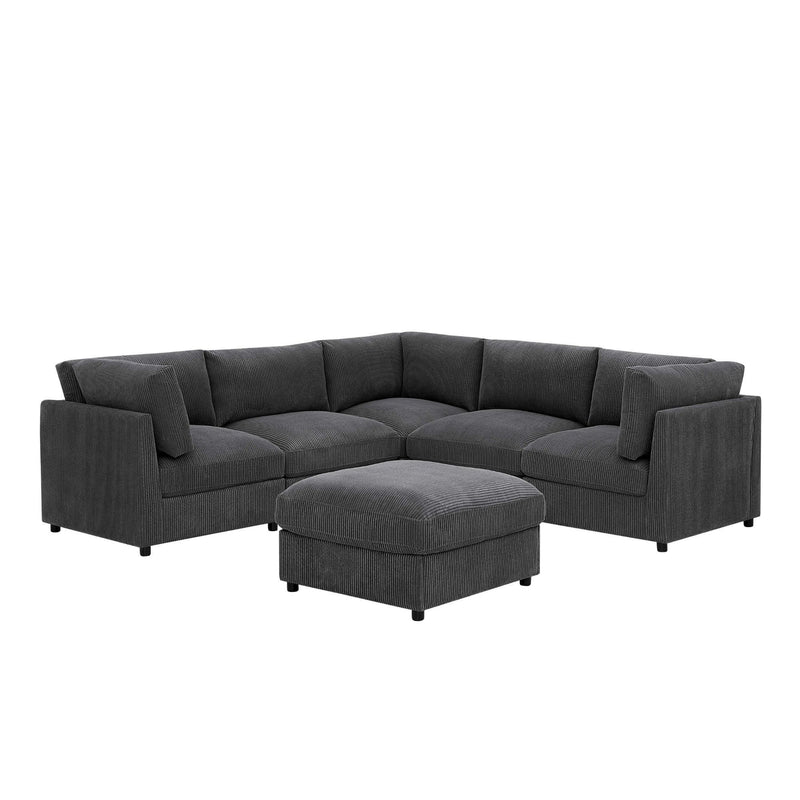 Dark gray modular sectional sofa with ottoman, L-shaped corner chaise layout