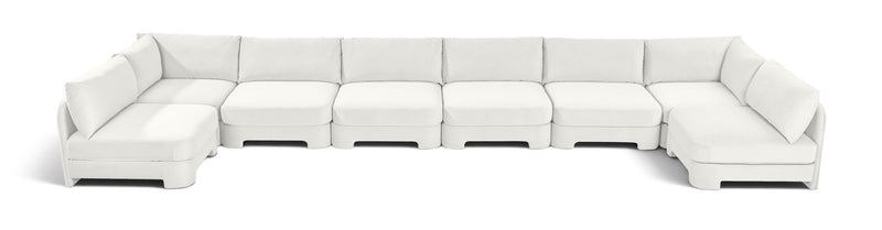 White armless U-shaped sectional sofa with chaise modules and box cushions