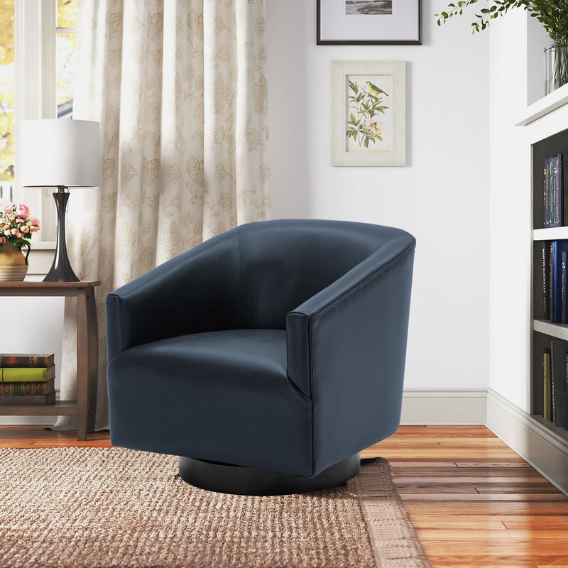 Navy faux leather swivel accent chair with rounded arms and black circular base