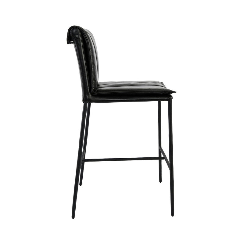 Black leather bar stool with padded back and seat, black metal legs and footrest bar.