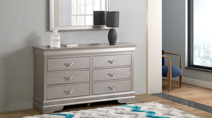 White storage dresser with six drawers and curved metal pulls