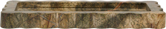 Marble tray with raised side lip and scalloped ends, gray-green stone pattern.
