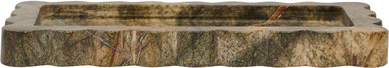 Marble tray with raised side lip and scalloped ends, gray-green stone pattern.