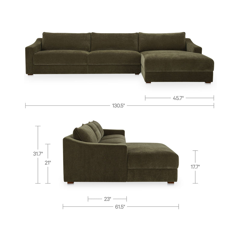 Cedar green right sectional sofa with chaise; product dimensions shown in diagram