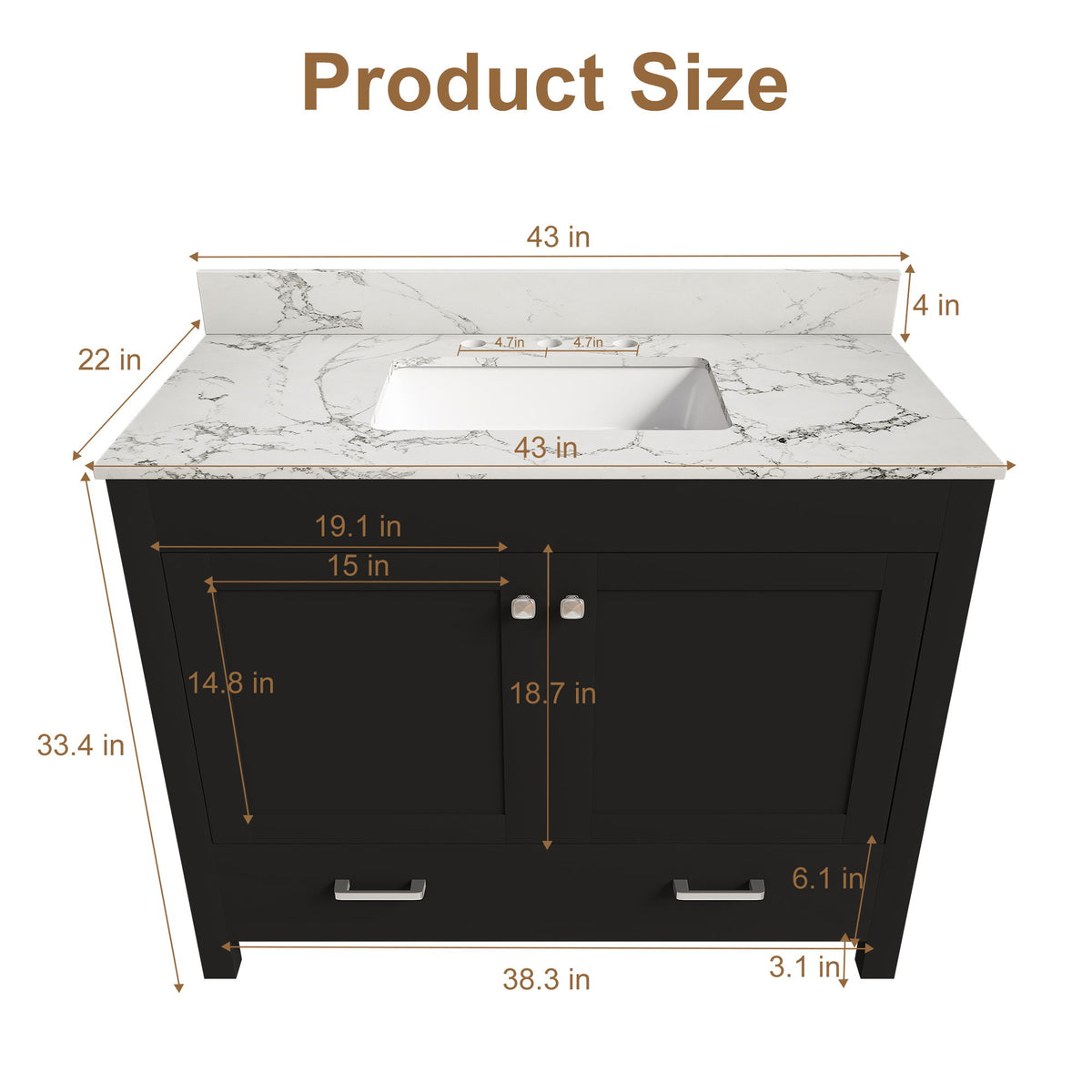 Bathroom vanity set with white stone-look countertop, undermount sink, and double doors