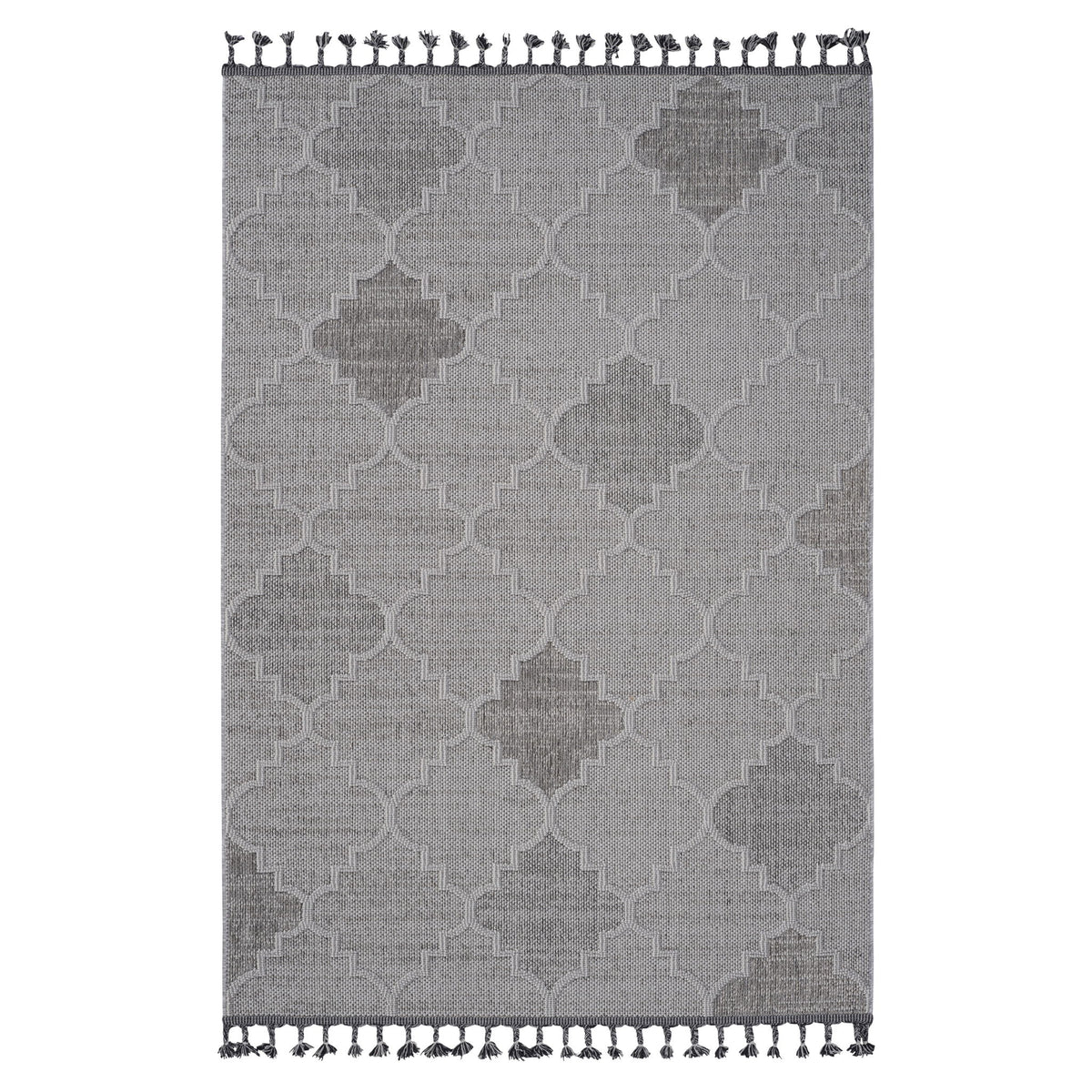 Gray and white trellis indoor/outdoor area rug with tassel fringe border