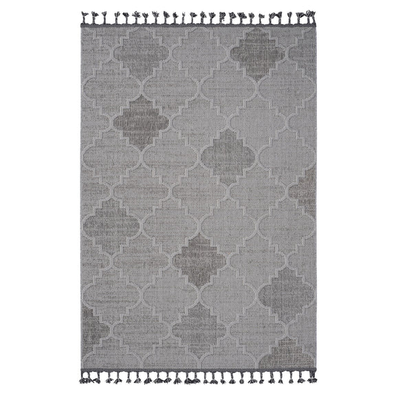 Gray and white trellis indoor/outdoor area rug with tassel fringe border