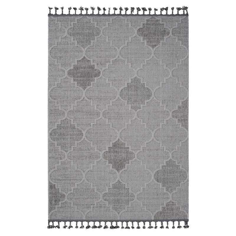 Gray and white trellis indoor/outdoor area rug with tassel fringe border