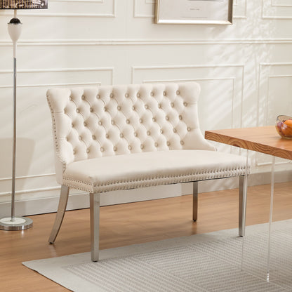 Velvet Double Dining Loveseat Bench, Kitchen & Dining Seating, 2-Seat Tufted Bench w/Handmade Buttons, Wing Back, Brushed Silver Stainless Steel Legs, Mid Century Modern,Single Pack,Beige,SW1702BG