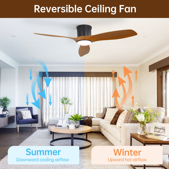 Reversible ceiling fan with 3 wood blades and frosted LED light cover