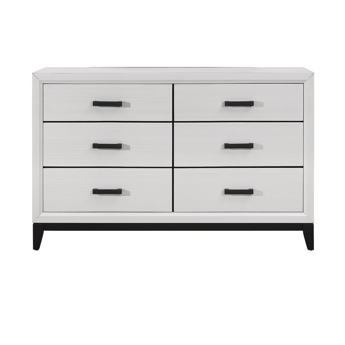 White six-drawer dresser with black bar handles and tapered legs