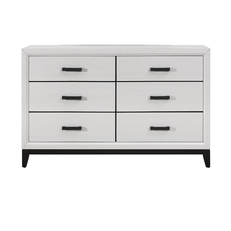 White six-drawer dresser with black bar handles and tapered legs
