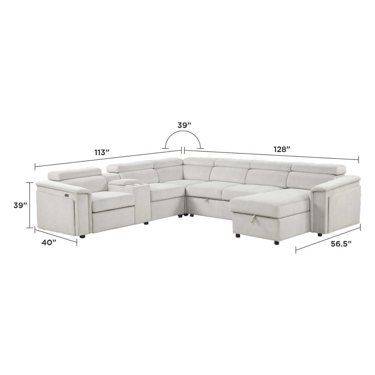 Beige power recliner sleeper sectional side view with built-in chaise and arms