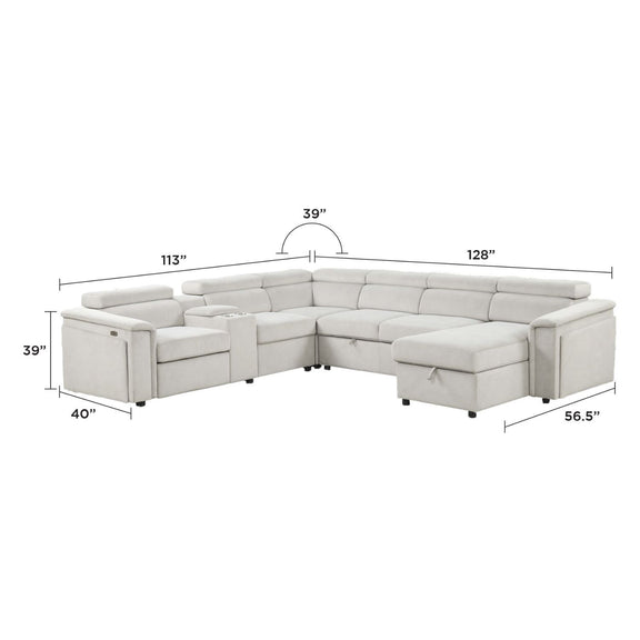 Beige power recliner sleeper sectional side view with built-in chaise and arms
