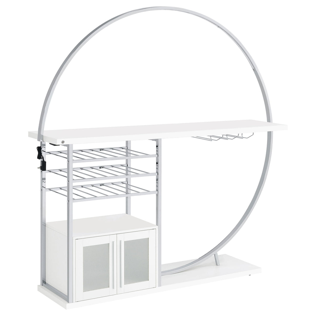 White 2-door home bar storage cabinet with arched light ring, open shelves, bottle rack