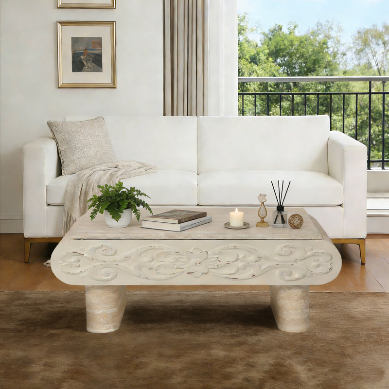Lift-Top Coffee Table with Hidden Storage Extendable Open Shelving Beige