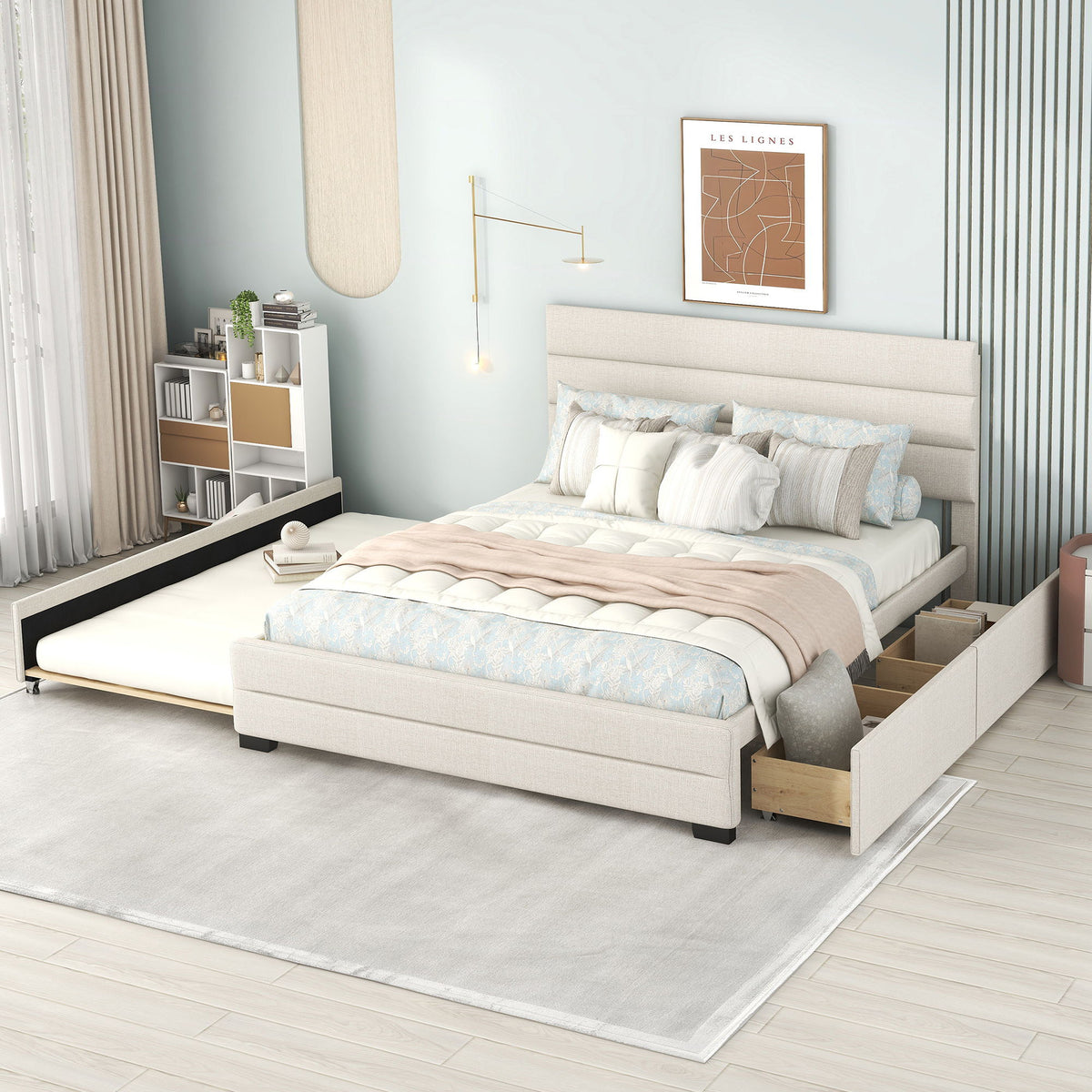 Queen Platform Bed With Twin Trundle And 2 Storage Drawers - Beige