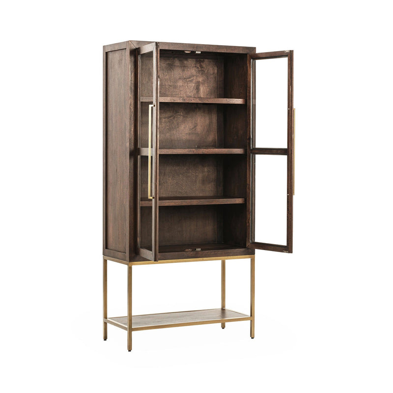 Tall cabinet open front reveals shelves; dark wood finish with brass trim and pulls
