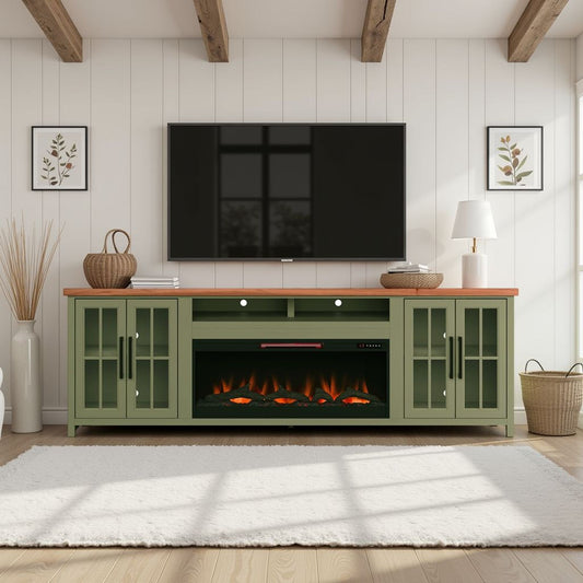 97" Fireplace TV Stand Console For TVs Up To 100" - Sage Green And Fruitwood Finish