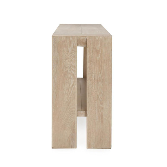 Light beige wooden end view console table with open cutout and shelf