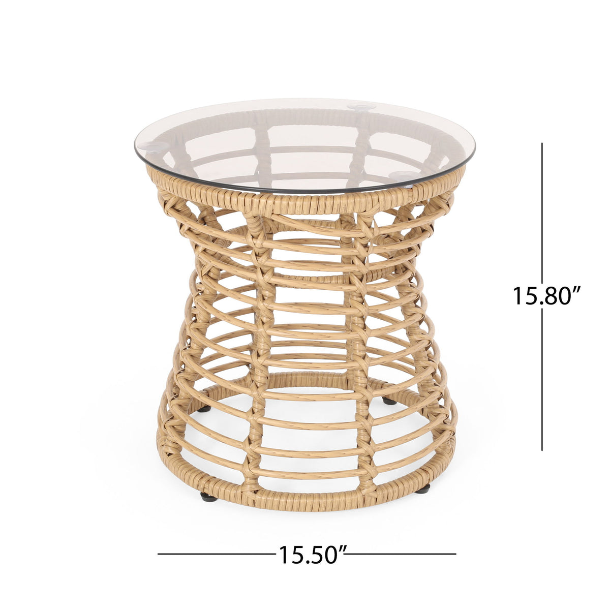 San Pedro - Boho Style Side Table With Tempered Glass Top - Light Brown Rattan
