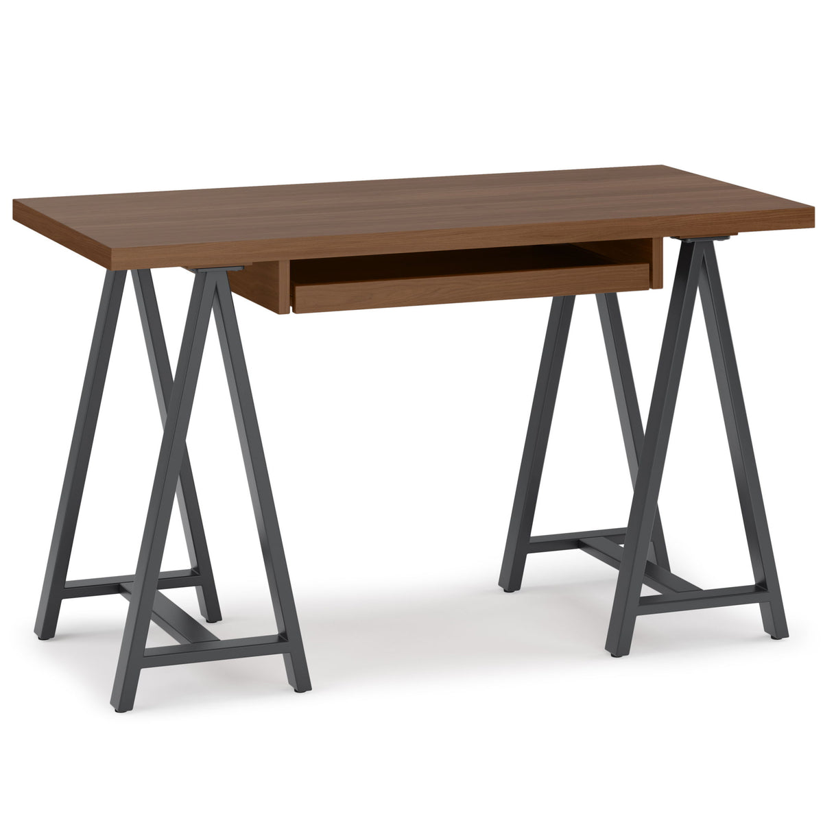 Dark brown solid wood desk with pull-out drawer and A-frame metal sawhorse legs