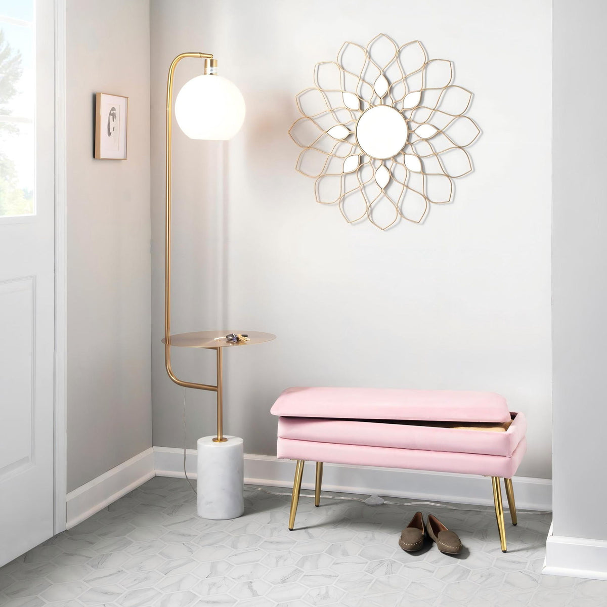 Symbol - Contemporary / Glam Floor Lamp Side Table - White Marble